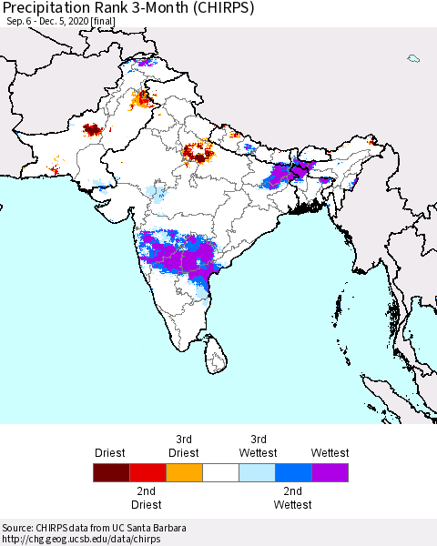 Southern Asia Precipitation Rank since 1981, 3-Month (CHIRPS) Thematic Map For 9/6/2020 - 12/5/2020