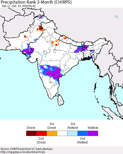 Southern Asia Precipitation Rank 3-Month (CHIRPS) Thematic Map For 9/11/2020 - 12/10/2020