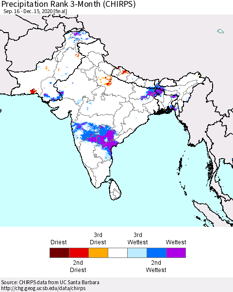 Southern Asia Precipitation Rank 3-Month (CHIRPS) Thematic Map For 9/16/2020 - 12/15/2020
