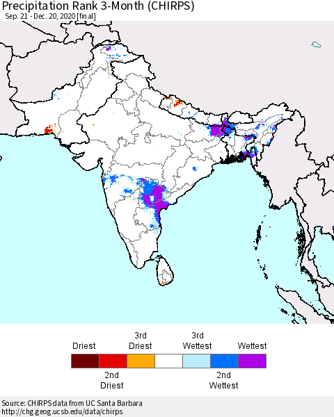Southern Asia Precipitation Rank 3-Month (CHIRPS) Thematic Map For 9/21/2020 - 12/20/2020