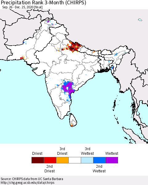 Southern Asia Precipitation Rank 3-Month (CHIRPS) Thematic Map For 9/26/2020 - 12/25/2020