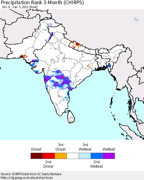 Southern Asia Precipitation Rank 3-Month (CHIRPS) Thematic Map For 10/6/2020 - 1/5/2021