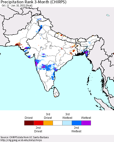 Southern Asia Precipitation Rank 3-Month (CHIRPS) Thematic Map For 10/11/2020 - 1/10/2021