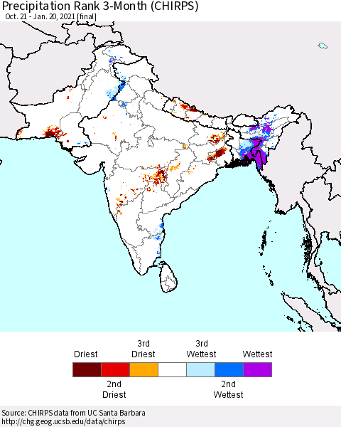 Southern Asia Precipitation Rank 3-Month (CHIRPS) Thematic Map For 10/21/2020 - 1/20/2021
