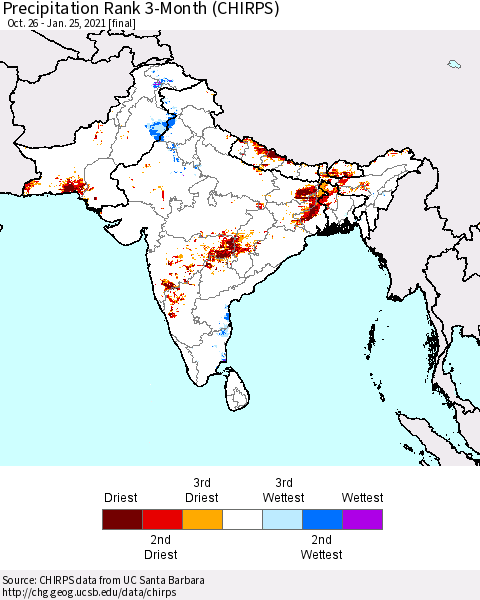 Southern Asia Precipitation Rank 3-Month (CHIRPS) Thematic Map For 10/26/2020 - 1/25/2021