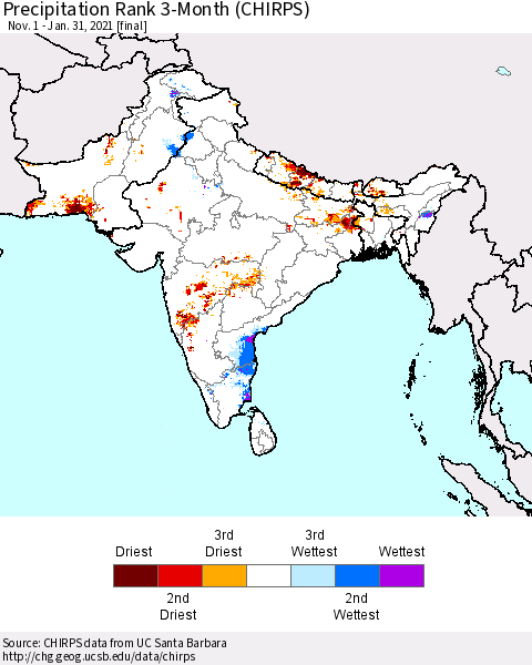Southern Asia Precipitation Rank 3-Month (CHIRPS) Thematic Map For 11/1/2020 - 1/31/2021