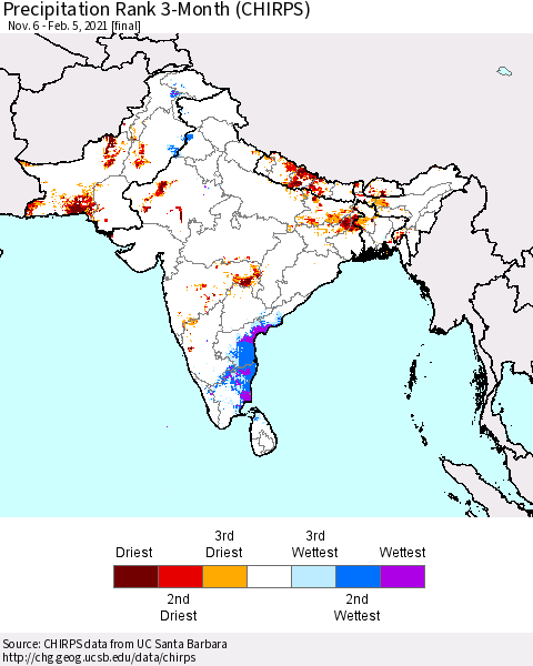 Southern Asia Precipitation Rank 3-Month (CHIRPS) Thematic Map For 11/6/2020 - 2/5/2021