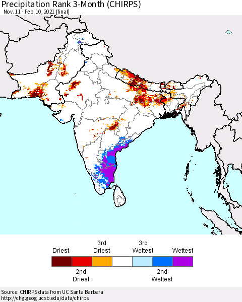 Southern Asia Precipitation Rank 3-Month (CHIRPS) Thematic Map For 11/11/2020 - 2/10/2021