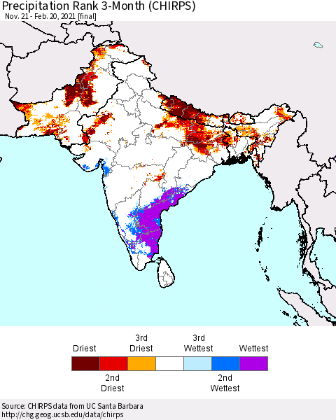 Southern Asia Precipitation Rank since 1981, 3-Month (CHIRPS) Thematic Map For 11/21/2020 - 2/20/2021