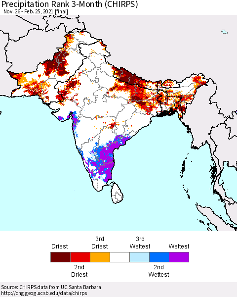 Southern Asia Precipitation Rank 3-Month (CHIRPS) Thematic Map For 11/26/2020 - 2/25/2021