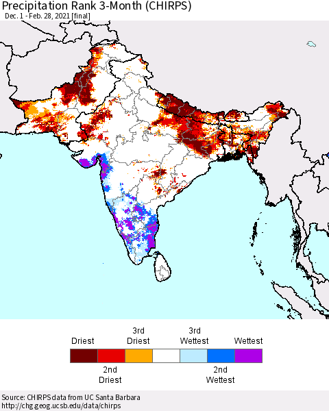 Southern Asia Precipitation Rank 3-Month (CHIRPS) Thematic Map For 12/1/2020 - 2/28/2021