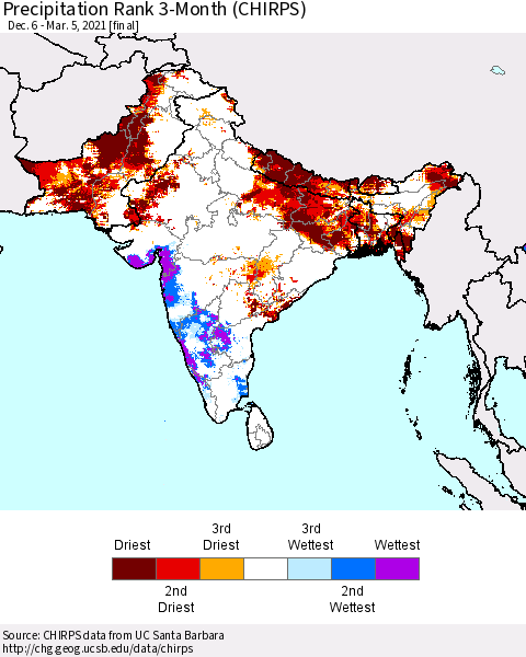 Southern Asia Precipitation Rank 3-Month (CHIRPS) Thematic Map For 12/6/2020 - 3/5/2021