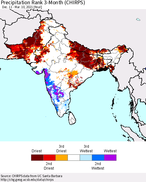 Southern Asia Precipitation Rank 3-Month (CHIRPS) Thematic Map For 12/11/2020 - 3/10/2021