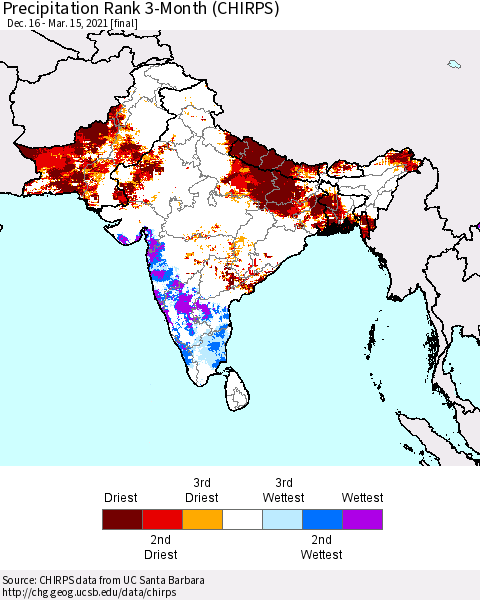 Southern Asia Precipitation Rank 3-Month (CHIRPS) Thematic Map For 12/16/2020 - 3/15/2021