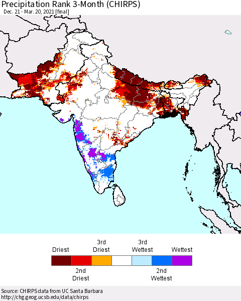 Southern Asia Precipitation Rank 3-Month (CHIRPS) Thematic Map For 12/21/2020 - 3/20/2021
