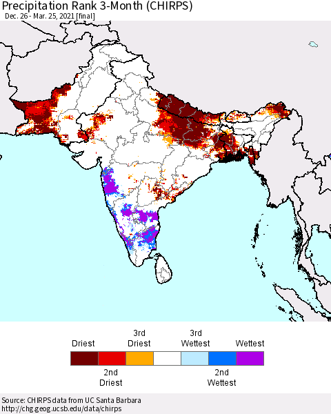 Southern Asia Precipitation Rank since 1981, 3-Month (CHIRPS) Thematic Map For 12/26/2020 - 3/25/2021