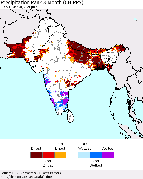 Southern Asia Precipitation Rank 3-Month (CHIRPS) Thematic Map For 1/1/2021 - 3/31/2021