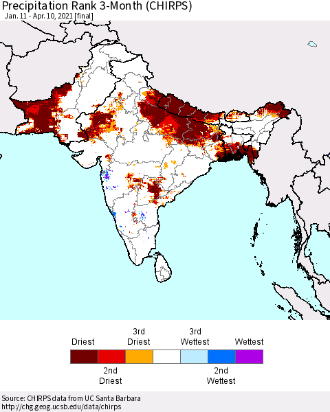 Southern Asia Precipitation Rank 3-Month (CHIRPS) Thematic Map For 1/11/2021 - 4/10/2021