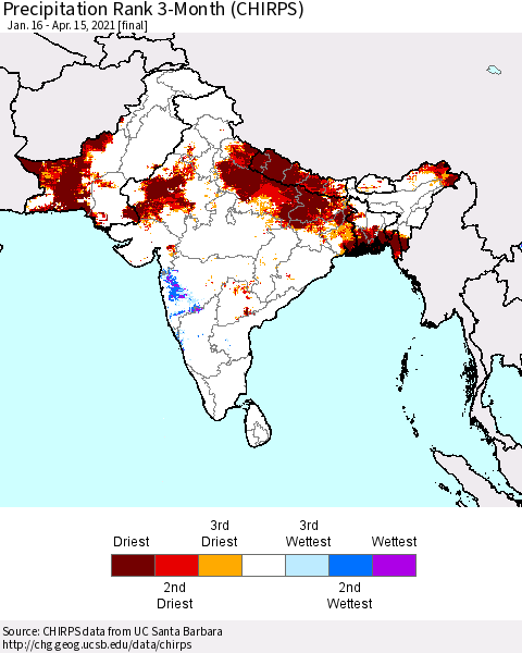 Southern Asia Precipitation Rank since 1981, 3-Month (CHIRPS) Thematic Map For 1/16/2021 - 4/15/2021