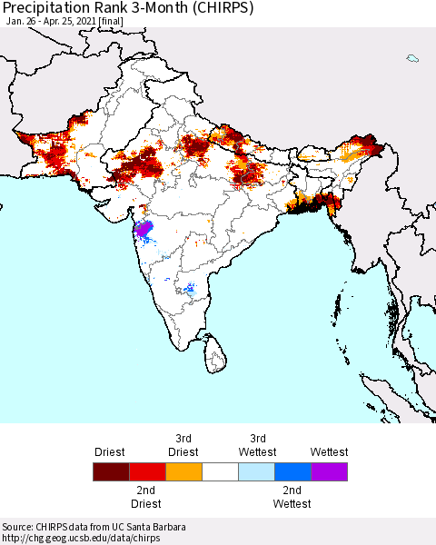 Southern Asia Precipitation Rank 3-Month (CHIRPS) Thematic Map For 1/26/2021 - 4/25/2021