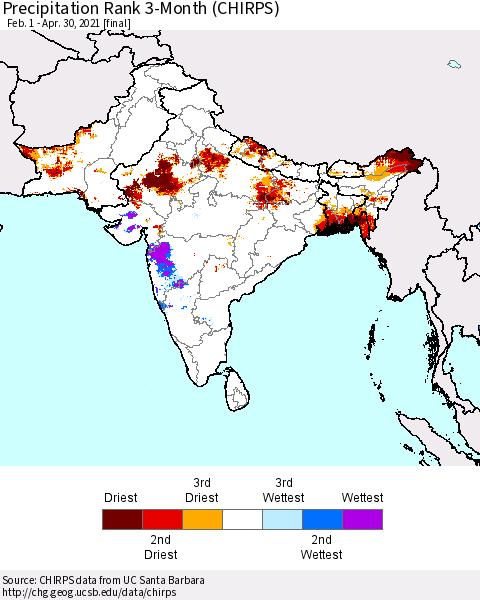 Southern Asia Precipitation Rank since 1981, 3-Month (CHIRPS) Thematic Map For 2/1/2021 - 4/30/2021