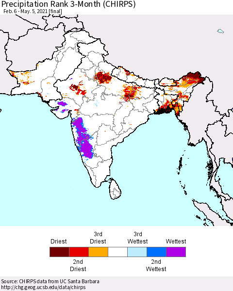 Southern Asia Precipitation Rank 3-Month (CHIRPS) Thematic Map For 2/6/2021 - 5/5/2021