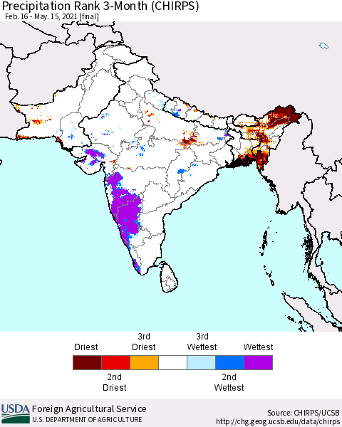 Southern Asia Precipitation Rank 3-Month (CHIRPS) Thematic Map For 2/16/2021 - 5/15/2021