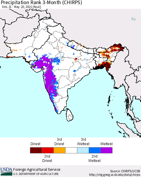 Southern Asia Precipitation Rank 3-Month (CHIRPS) Thematic Map For 2/21/2021 - 5/20/2021