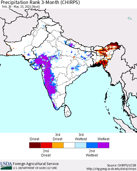 Southern Asia Precipitation Rank since 1981, 3-Month (CHIRPS) Thematic Map For 2/26/2021 - 5/25/2021