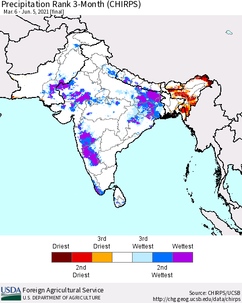 Southern Asia Precipitation Rank since 1981, 3-Month (CHIRPS) Thematic Map For 3/6/2021 - 6/5/2021