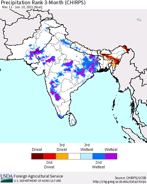 Southern Asia Precipitation Rank since 1981, 3-Month (CHIRPS) Thematic Map For 3/11/2021 - 6/10/2021