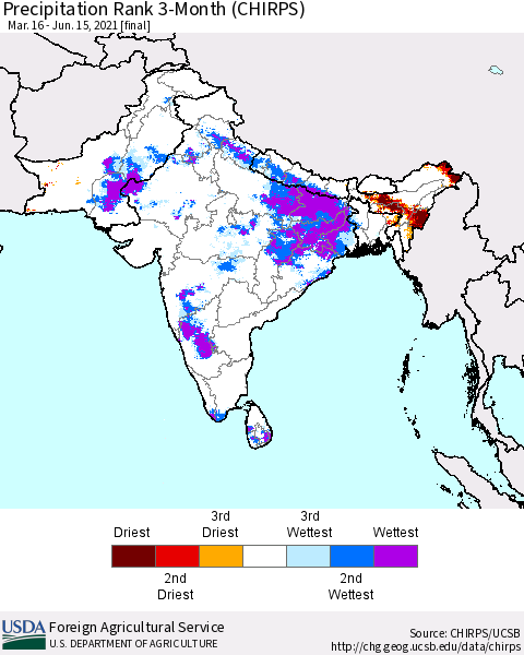 Southern Asia Precipitation Rank 3-Month (CHIRPS) Thematic Map For 3/16/2021 - 6/15/2021