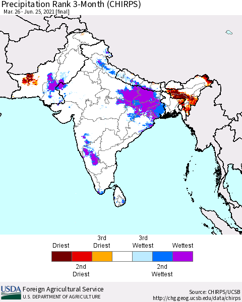 Southern Asia Precipitation Rank 3-Month (CHIRPS) Thematic Map For 3/26/2021 - 6/25/2021
