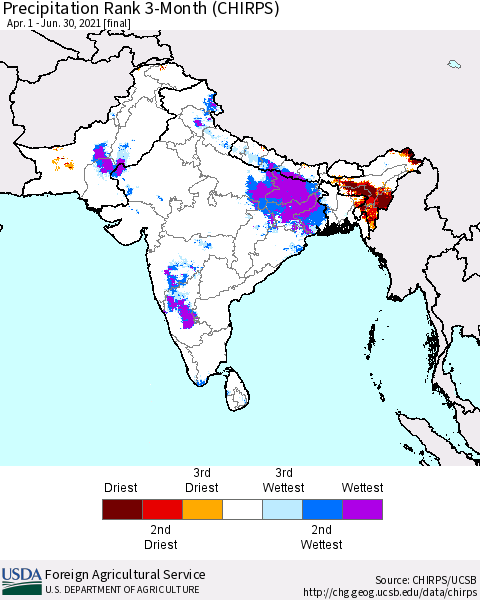 Southern Asia Precipitation Rank 3-Month (CHIRPS) Thematic Map For 4/1/2021 - 6/30/2021