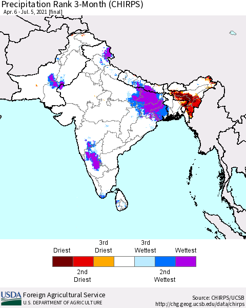 Southern Asia Precipitation Rank 3-Month (CHIRPS) Thematic Map For 4/6/2021 - 7/5/2021
