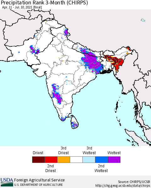 Southern Asia Precipitation Rank 3-Month (CHIRPS) Thematic Map For 4/11/2021 - 7/10/2021