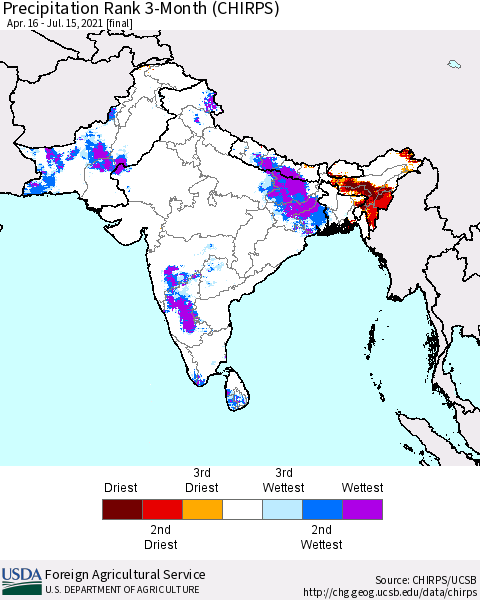 Southern Asia Precipitation Rank 3-Month (CHIRPS) Thematic Map For 4/16/2021 - 7/15/2021