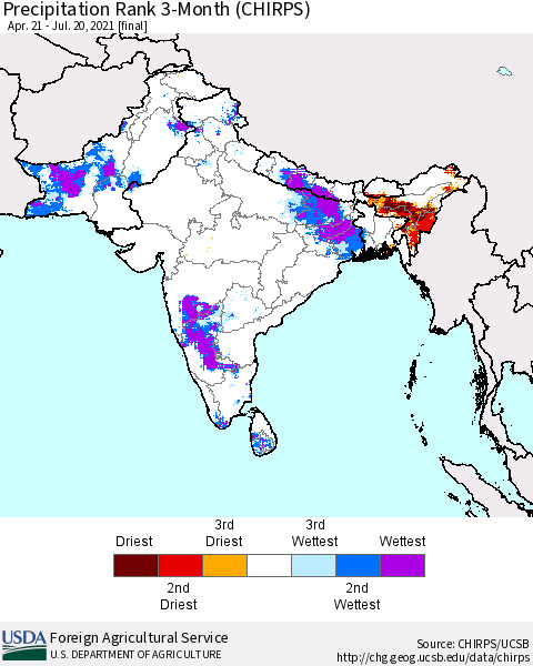 Southern Asia Precipitation Rank 3-Month (CHIRPS) Thematic Map For 4/21/2021 - 7/20/2021