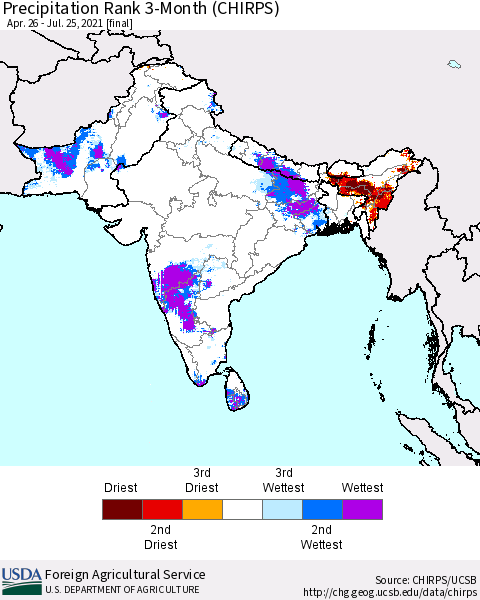 Southern Asia Precipitation Rank since 1981, 3-Month (CHIRPS) Thematic Map For 4/26/2021 - 7/25/2021