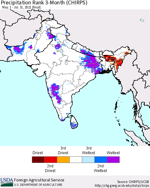 Southern Asia Precipitation Rank 3-Month (CHIRPS) Thematic Map For 5/1/2021 - 7/31/2021