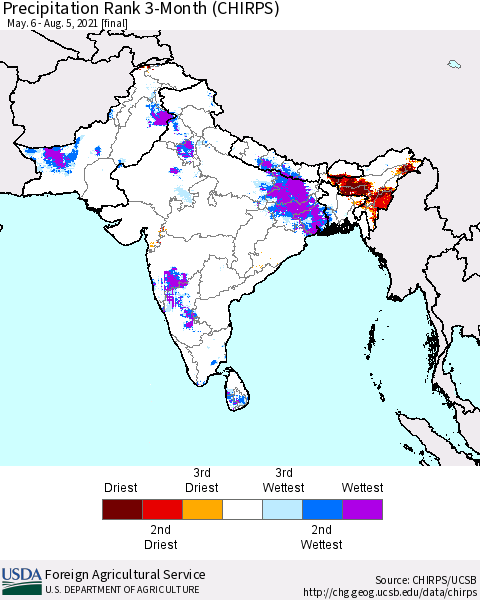 Southern Asia Precipitation Rank 3-Month (CHIRPS) Thematic Map For 5/6/2021 - 8/5/2021