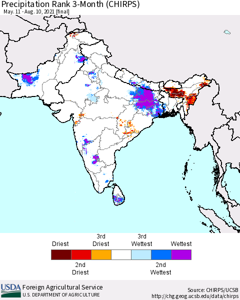 Southern Asia Precipitation Rank since 1981, 3-Month (CHIRPS) Thematic Map For 5/11/2021 - 8/10/2021