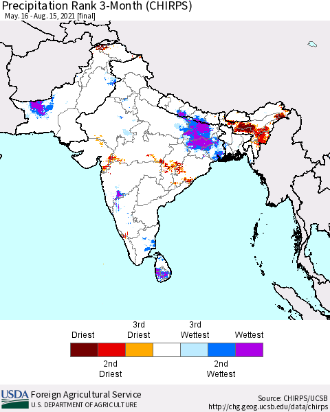 Southern Asia Precipitation Rank since 1981, 3-Month (CHIRPS) Thematic Map For 5/16/2021 - 8/15/2021
