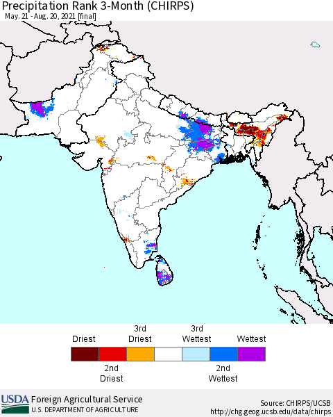 Southern Asia Precipitation Rank 3-Month (CHIRPS) Thematic Map For 5/21/2021 - 8/20/2021