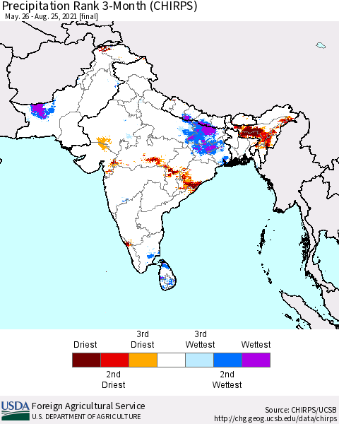 Southern Asia Precipitation Rank since 1981, 3-Month (CHIRPS) Thematic Map For 5/26/2021 - 8/25/2021