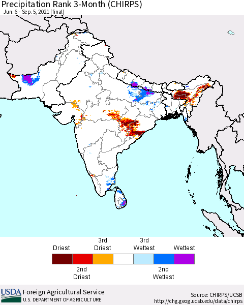 Southern Asia Precipitation Rank 3-Month (CHIRPS) Thematic Map For 6/6/2021 - 9/5/2021