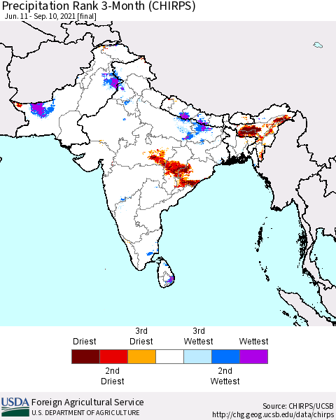 Southern Asia Precipitation Rank 3-Month (CHIRPS) Thematic Map For 6/11/2021 - 9/10/2021