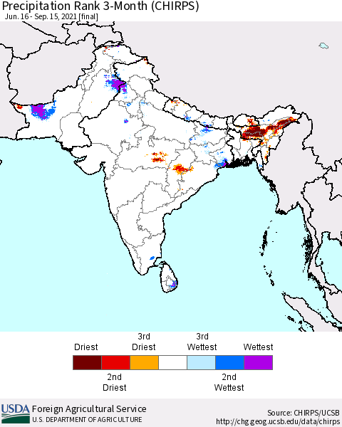 Southern Asia Precipitation Rank 3-Month (CHIRPS) Thematic Map For 6/16/2021 - 9/15/2021