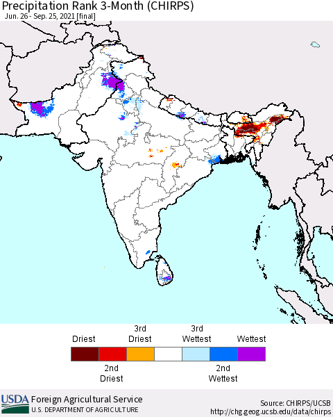 Southern Asia Precipitation Rank 3-Month (CHIRPS) Thematic Map For 6/26/2021 - 9/25/2021