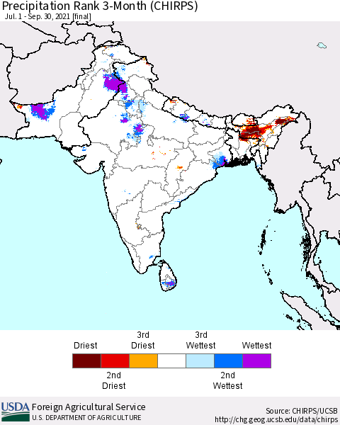 Southern Asia Precipitation Rank 3-Month (CHIRPS) Thematic Map For 7/1/2021 - 9/30/2021